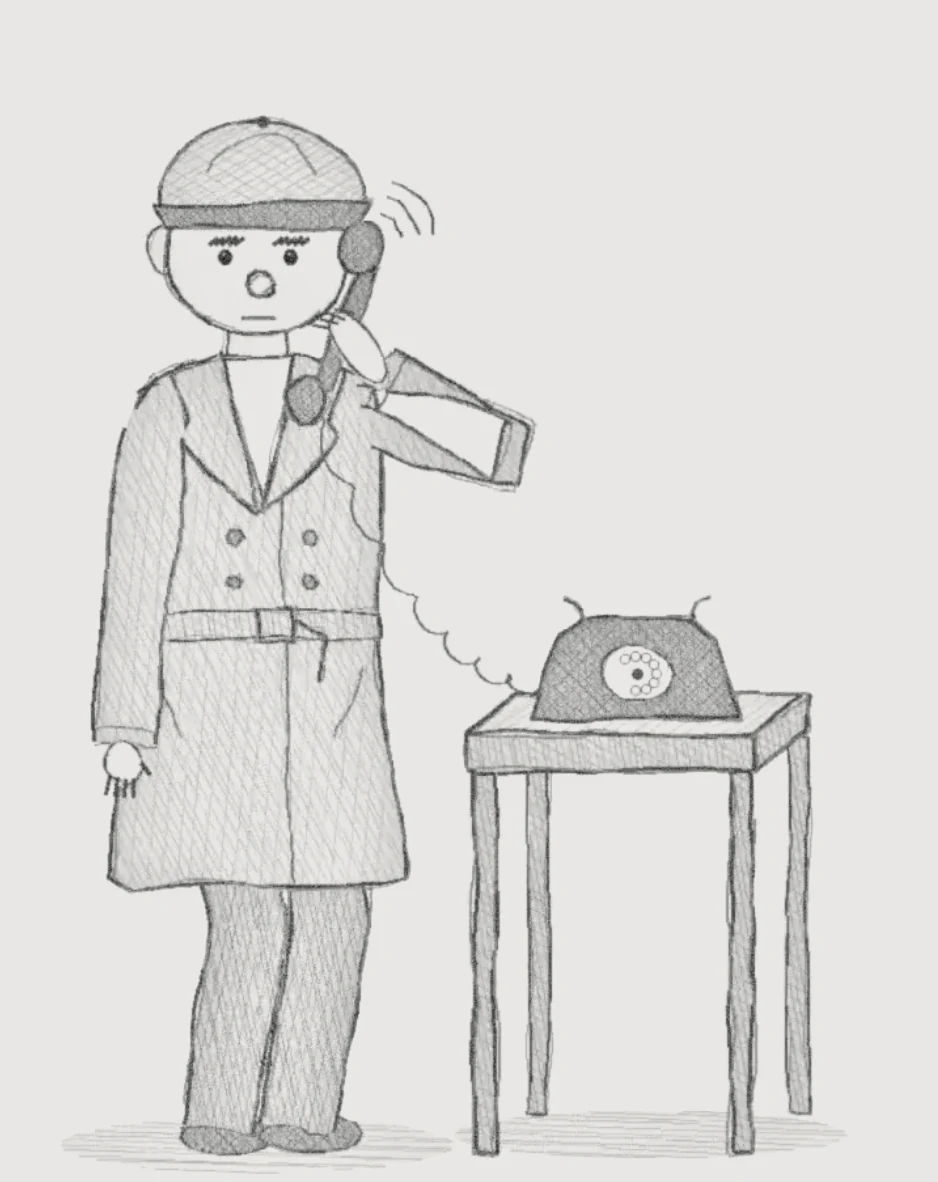 Hand-drawn figure in a trench coat holding a ringing rotary phone to his ear, a second phone on a small table beside him